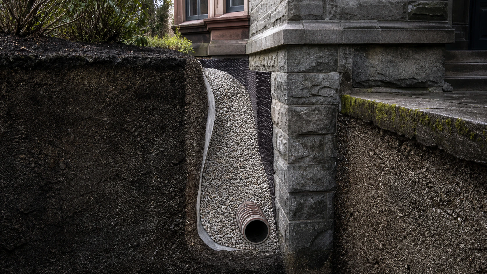 Conceptual cutaway of a below-grade drainage assembly beside an older stone foundation